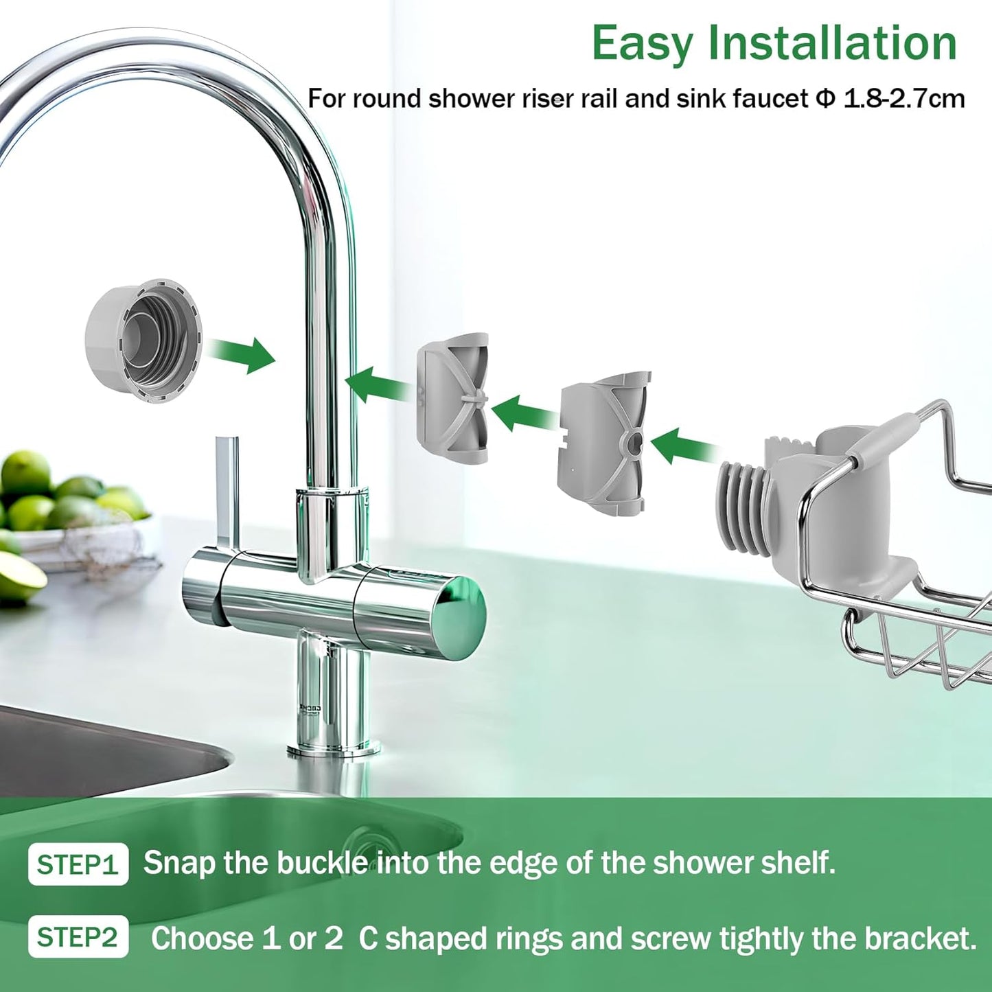 Shower Caddy Shelf No Drill 2 Pcs, Stainless Steel Shower Shelves for Riser Rail 18-27mm, Rustproof Storage Rack Hanging Bathroom Organiser for Shampoo Soap, Kitchen Toilet, Silver