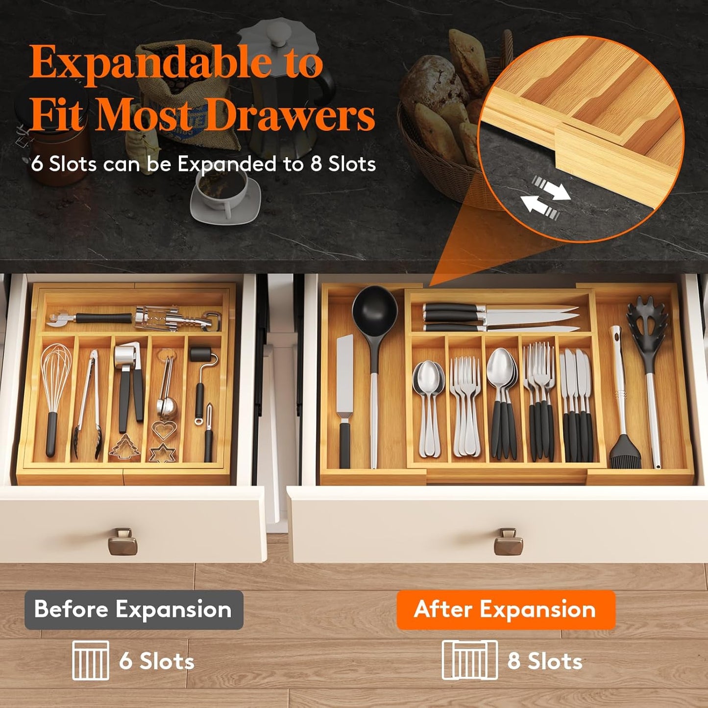 Lifewit Cutlery Drawer Organiser, Extendable Cutlery Tray for Kitchen Drawers Insert, Wood Utensil Holder Adjustable Storage for Spoons Forks Knives, 33-57x38cm, Natural