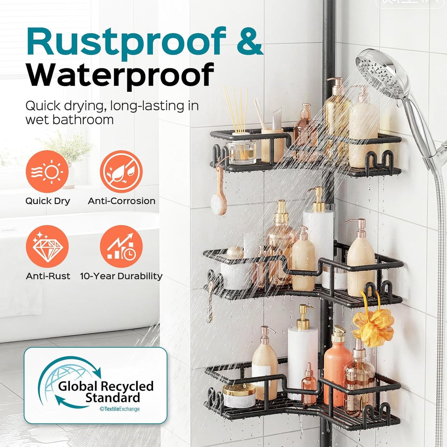 HAMITOR Shower Caddy Corner: 4-Tier No-Drill Rustproof Bathroom Accessories Storage Shelf with Soap Holder & Hooks, Adjustable Tension Pole Shower Organiser for Rental Apartment, 119-307 cm Black