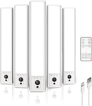 EZVALO 5-Pack Under Cabinet Lighting, 2400mAh Motion Sensor Light, LED Closet Lights Wireless, 6500K Dimmable, Timer, Magnetic, with Remote Control for Kitchen, Closet, Stair