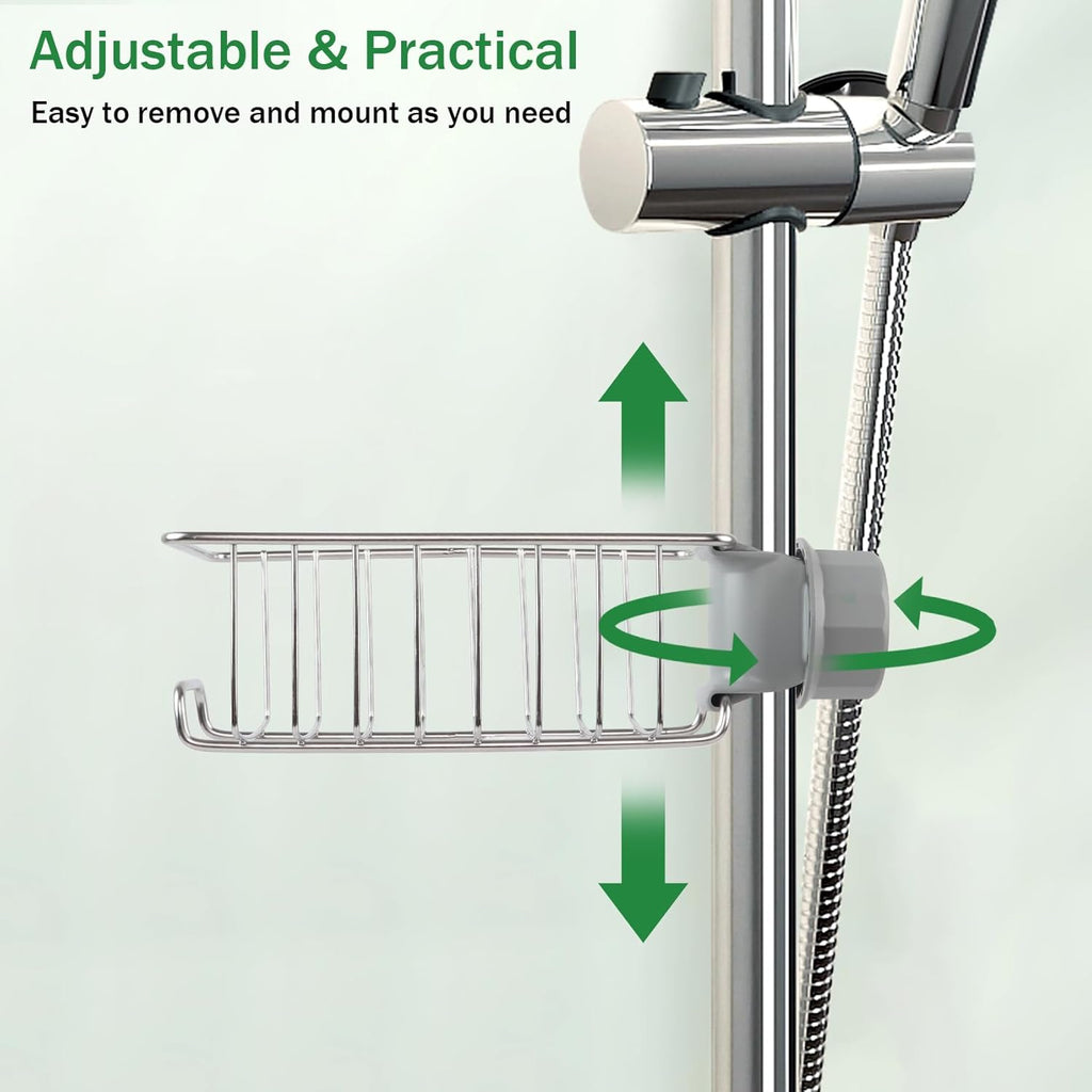 Shower Caddy Shelf No Drill 2 Pcs, Stainless Steel Shower Shelves for Riser Rail 18-27mm, Rustproof Storage Rack Hanging Bathroom Organiser for Shampoo Soap, Kitchen Toilet, Silver