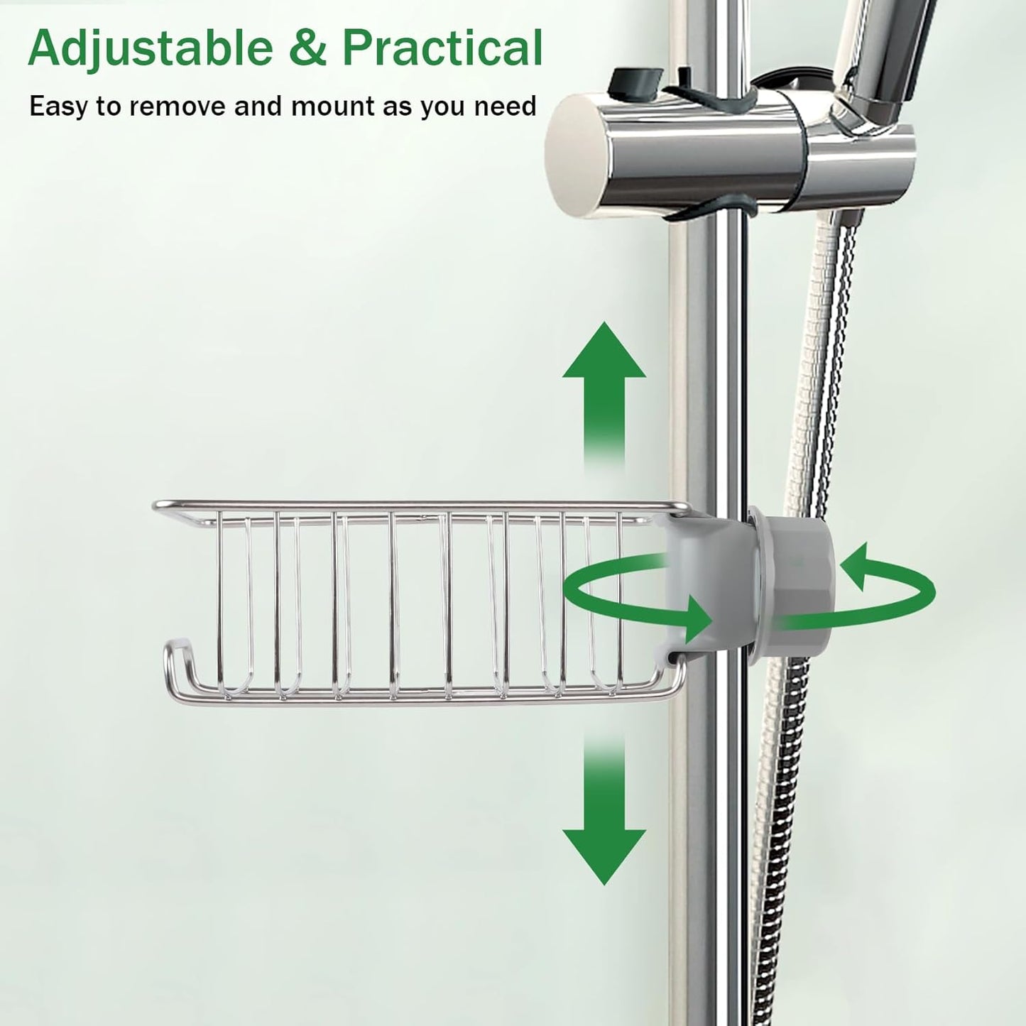 Shower Caddy Shelf No Drill 2 Pcs, Stainless Steel Shower Shelves for Riser Rail 18-27mm, Rustproof Storage Rack Hanging Bathroom Organiser for Shampoo Soap, Kitchen Toilet, Silver