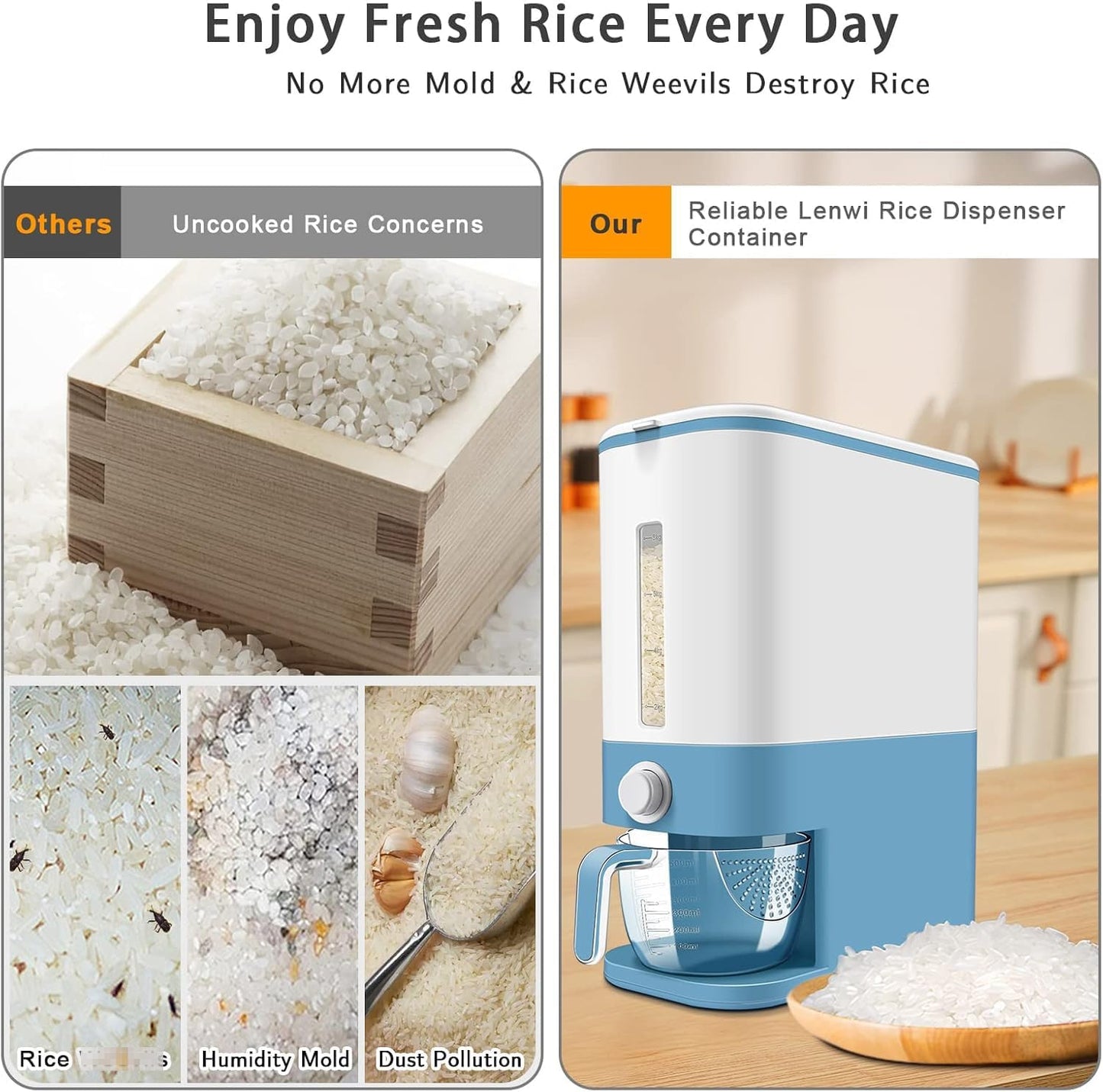 Lenwi 22-25 Lbs Rice Dispenser, Large Cereal Dry Food Storage Containers with Measuring Cup,BPA-Free Household for Kitchen Pantry Organization-Grey