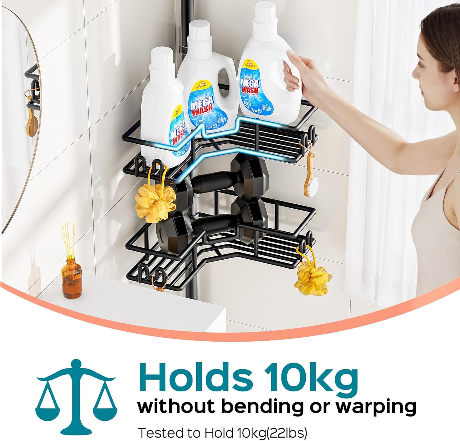 HAMITOR Shower Caddy Corner: 4-Tier No-Drill Rustproof Bathroom Accessories Storage Shelf with Soap Holder & Hooks, Adjustable Tension Pole Shower Organiser for Rental Apartment, 119-307 cm Black