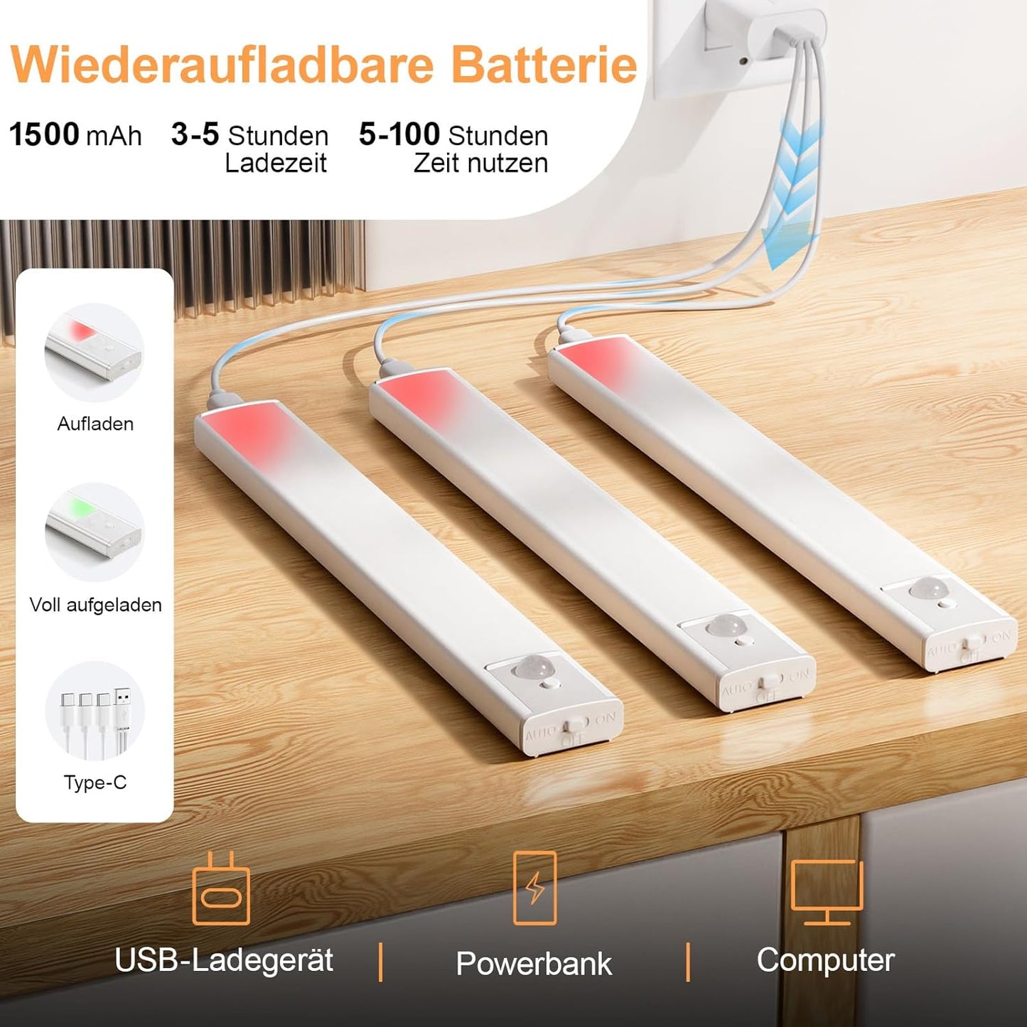 daphomeu 3 Pack × 30cm Rechargeable Under Cabinet Lights, LED Motion Sensor Lights Indoor, Wireless Dimmable Under Cupboard Kitchen Lights