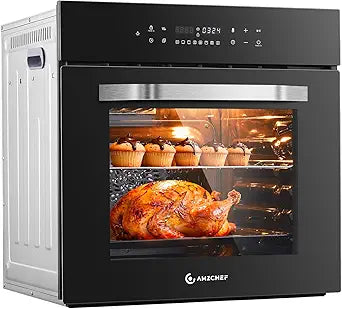 AMZCHEF Wall Ovens 24 inch Electric,77L, 2800W, 8 Cooking Function, Black | 2.72 Cu.Ft. Big Capacity Single Wall Oven, Touch Control, 120℉ to 480℉, Baking Pan, Fry Basket, Wire Rack, Rotisserie Kit