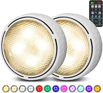TECOMLIGHT Puck Lights with Remote, AA Battery Operated, White, 2 Pack | Wireless LED Under Cabinet Lighting, RGBCW 16 Color Changing, Stick on Tap Push Light for Kitchen Counter, Shelf, Closet