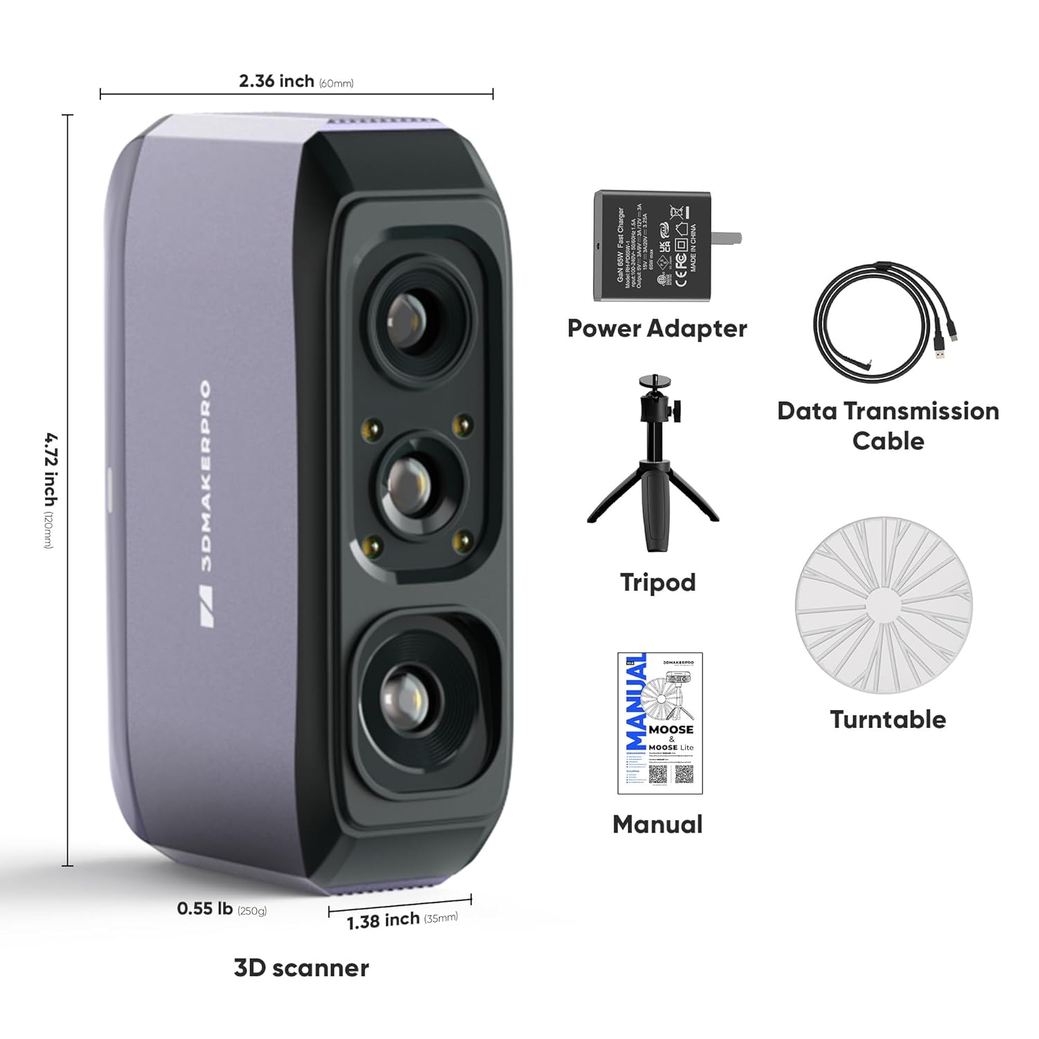 3DMakerpro Moose Lite 3D Scanner, 0.05mm High Precision 3D Scanner for 3D Printing, NIR Handheld Scanner for Small to Medium Objects (15-1500mm), Win/Mac | AI Visual Tracking; 0.05mm Accuracy; 0.10mm Resolution; Scan ranges from 15mm to 1500mm