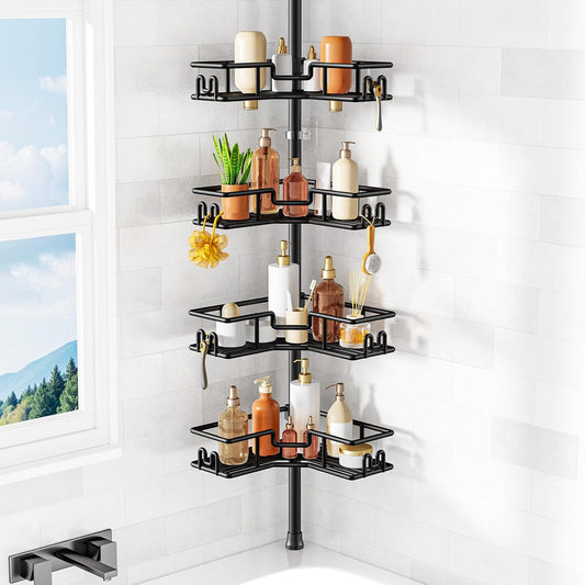 HAMITOR Shower Caddy Corner: 4-Tier No-Drill Rustproof Bathroom Accessories Storage Shelf with Soap Holder & Hooks, Adjustable Tension Pole Shower Organiser for Rental Apartment, 119-307 cm Black