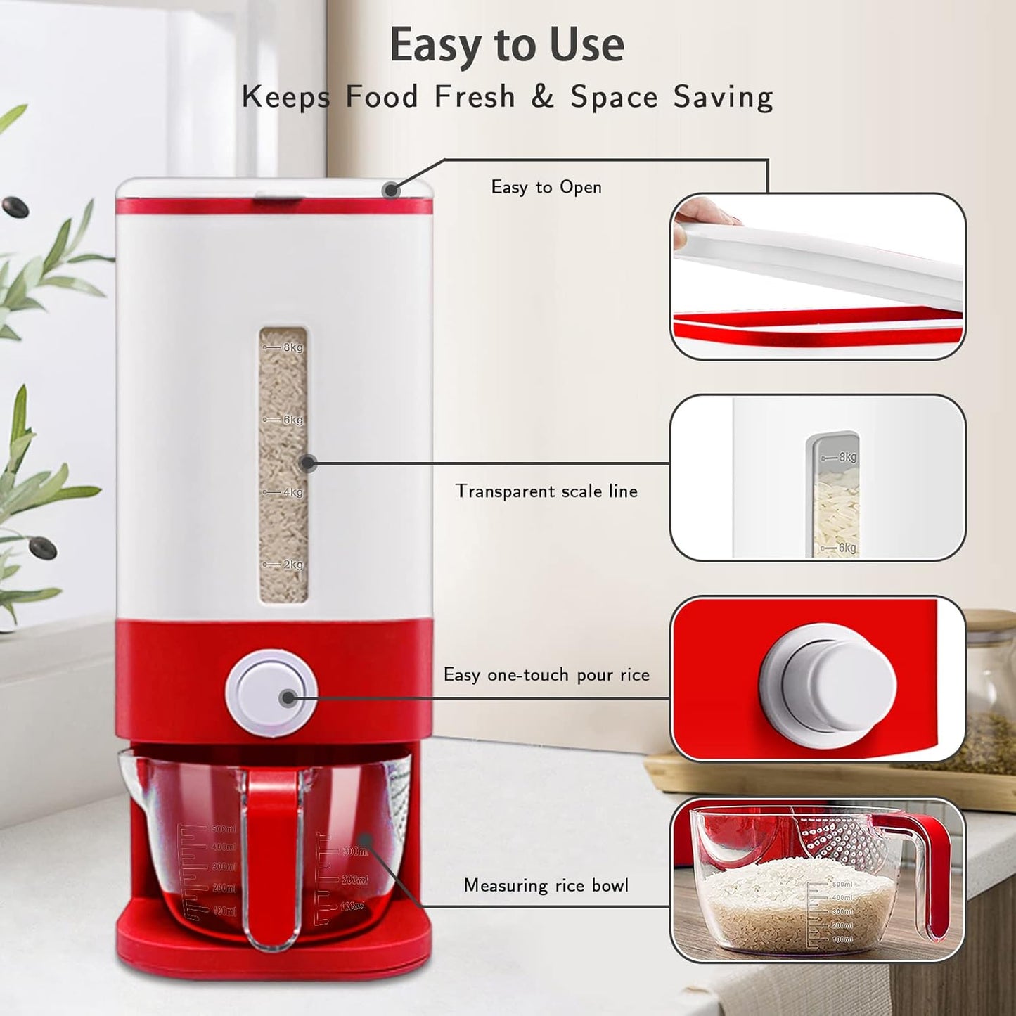 Lenwi 22-25 Lbs Rice Dispenser, Large Cereal Dry Food Storage Containers with Measuring Cup,BPA-Free Household for Kitchen Pantry Organization-Grey