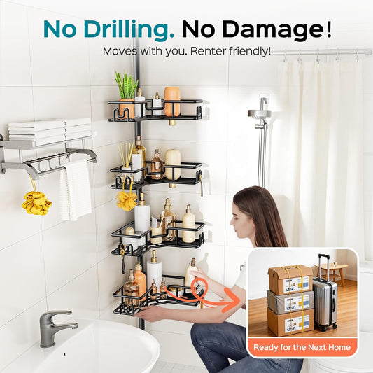 HAMITOR Shower Caddy Corner: 4-Tier No-Drill Rustproof Bathroom Accessories Storage Shelf with Soap Holder & Hooks, Adjustable Tension Pole Shower Organiser for Rental Apartment, 119-307 cm Black