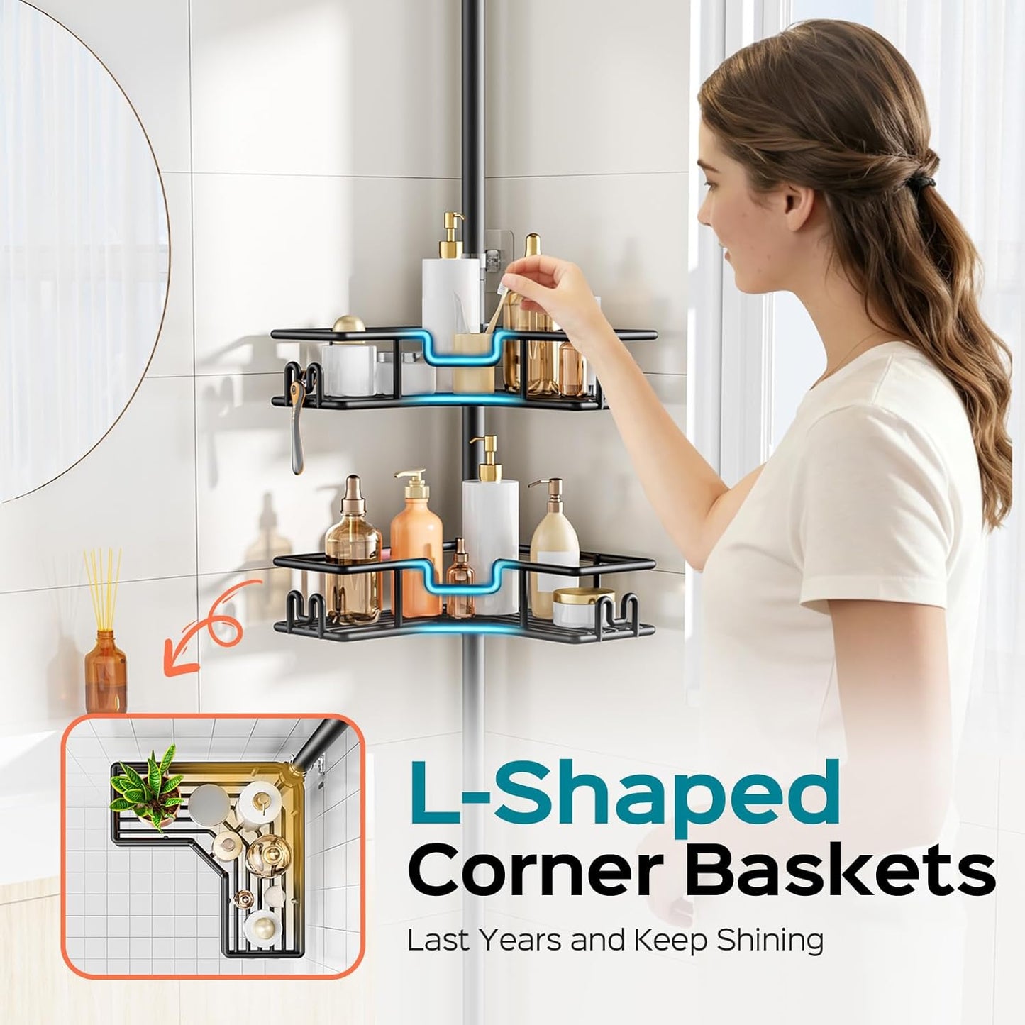 HAMITOR Shower Caddy Corner: 4-Tier No-Drill Rustproof Bathroom Accessories Storage Shelf with Soap Holder & Hooks, Adjustable Tension Pole Shower Organiser for Rental Apartment, 119-307 cm Black