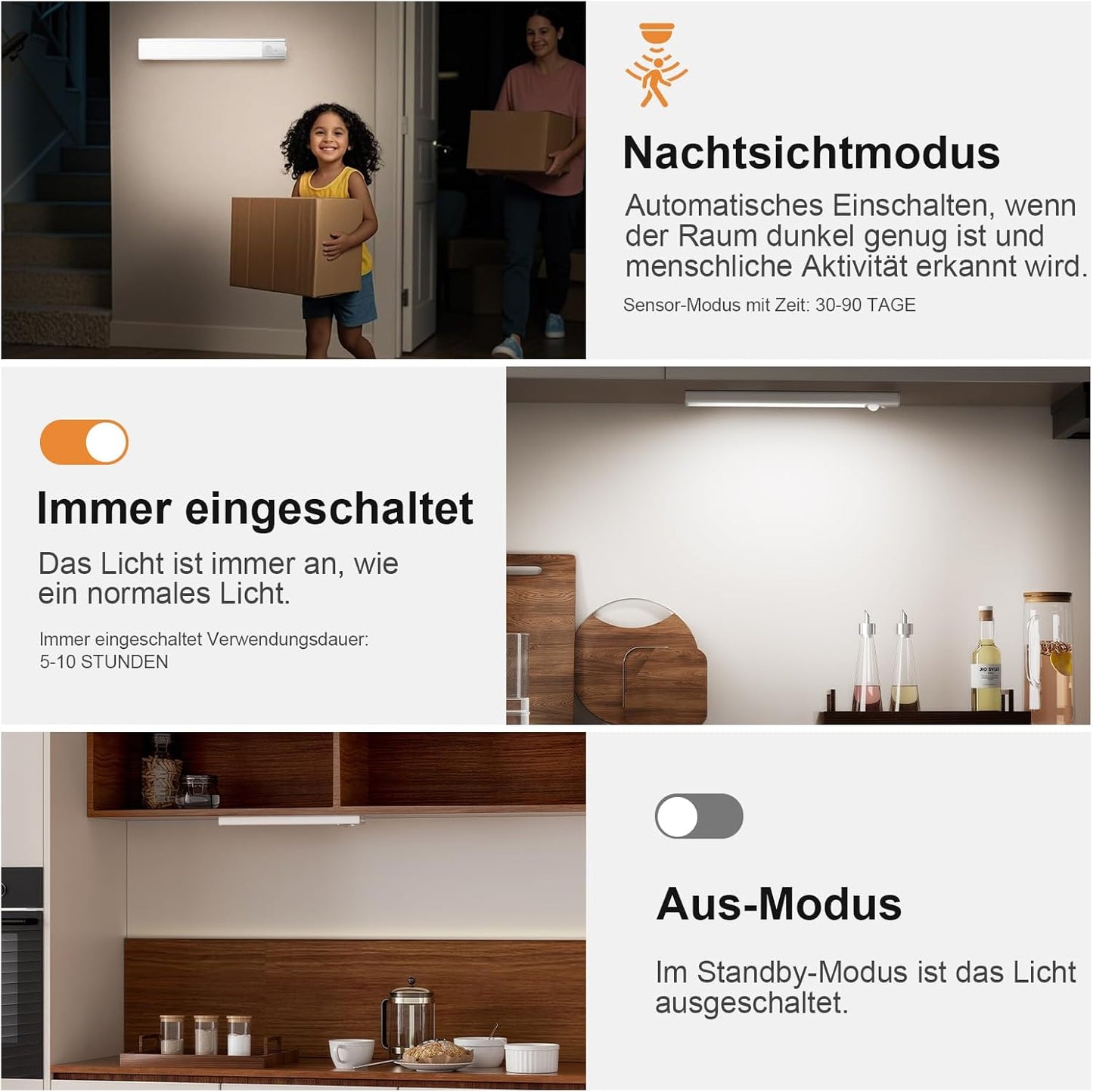 daphomeu 3 Pack × 30cm Rechargeable Under Cabinet Lights, LED Motion Sensor Lights Indoor, Wireless Dimmable Under Cupboard Kitchen Lights
