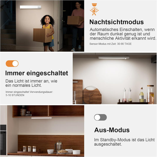 daphomeu 3 Pack × 30cm Rechargeable Under Cabinet Lights, LED Motion Sensor Lights Indoor, Wireless Dimmable Under Cupboard Kitchen Lights