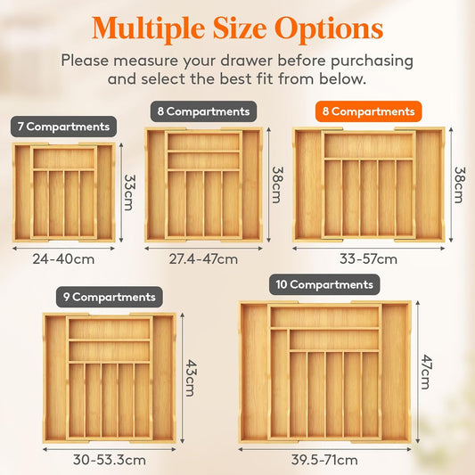 Lifewit Cutlery Drawer Organiser, Extendable Cutlery Tray for Kitchen Drawers Insert, Wood Utensil Holder Adjustable Storage for Spoons Forks Knives, 33-57x38cm, Natural