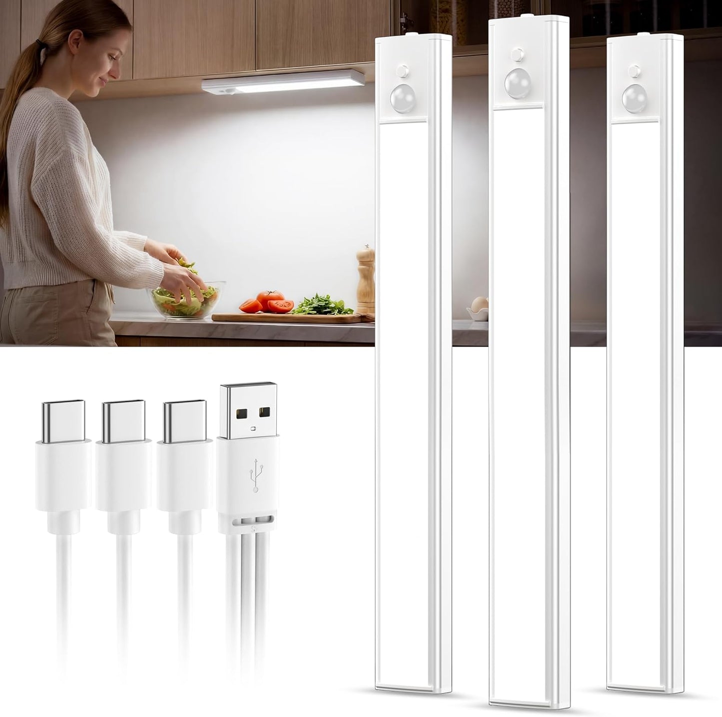 daphomeu 3 Pack × 30cm Rechargeable Under Cabinet Lights, LED Motion Sensor Lights Indoor, Wireless Dimmable Under Cupboard Kitchen Lights