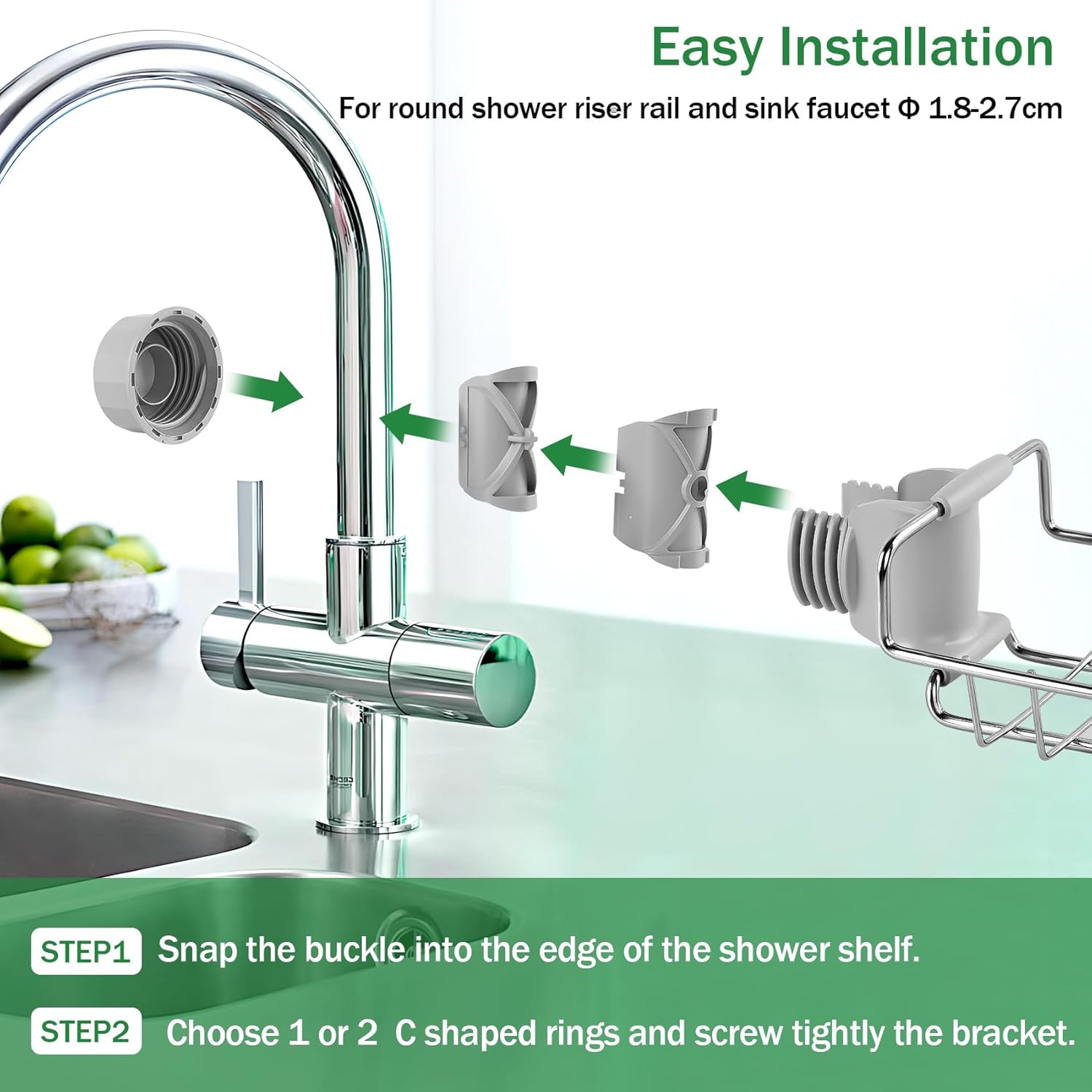 Shower Caddy Shelf No Drill 2 Pcs, Stainless Steel Shower Shelves for Riser Rail 18-27mm, Rustproof Storage Rack Hanging Bathroom Organiser for Shampoo Soap, Kitchen Toilet, Silver