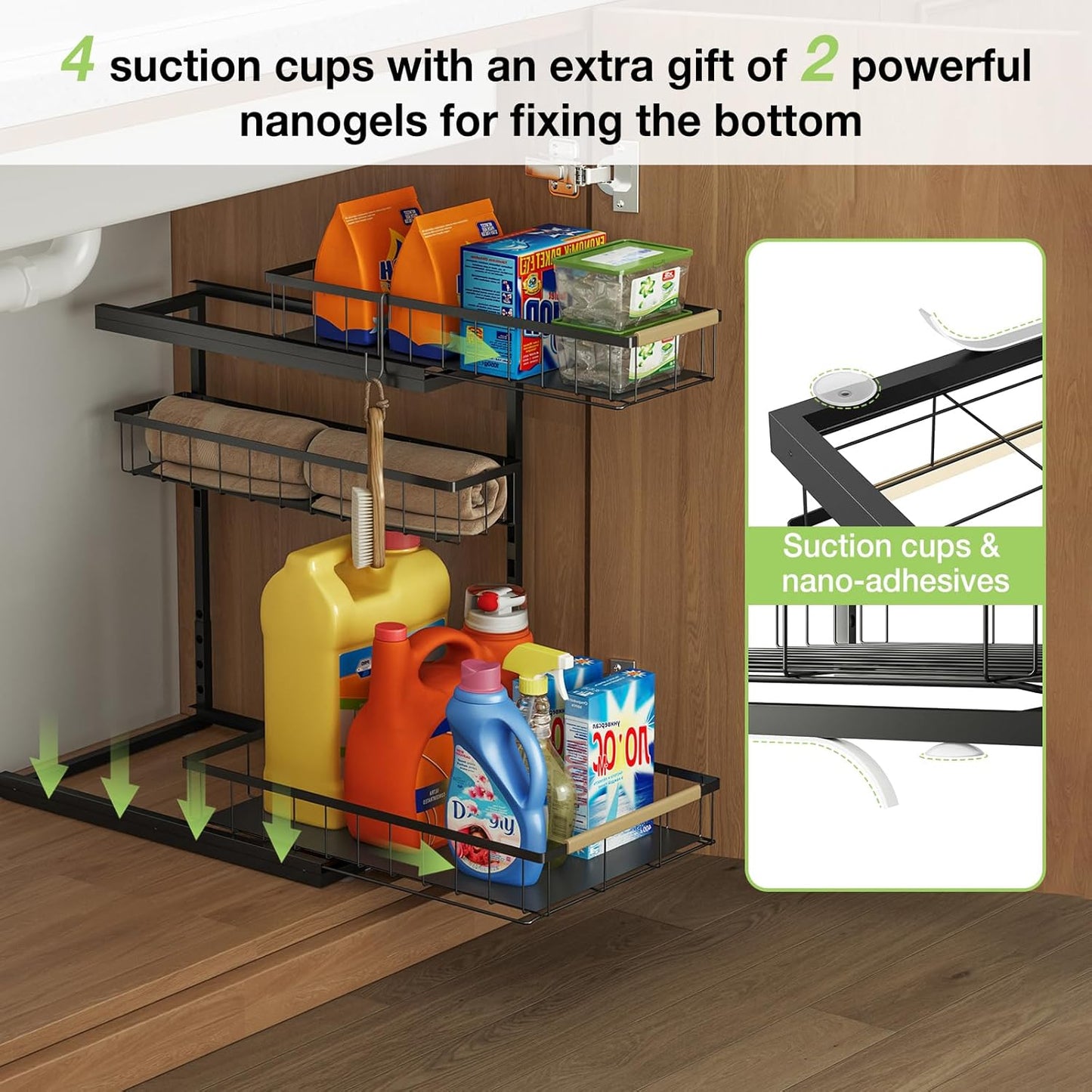 Fantasnight Kitchen Under Sink Storage Organiser - 1 Pack Metal Undersink Organisation for Cupboard - 3 Tier Pull Out Cabinet Drawers Black - Sliding Cleaning Shelf Organizer Solutions for Bathroom
