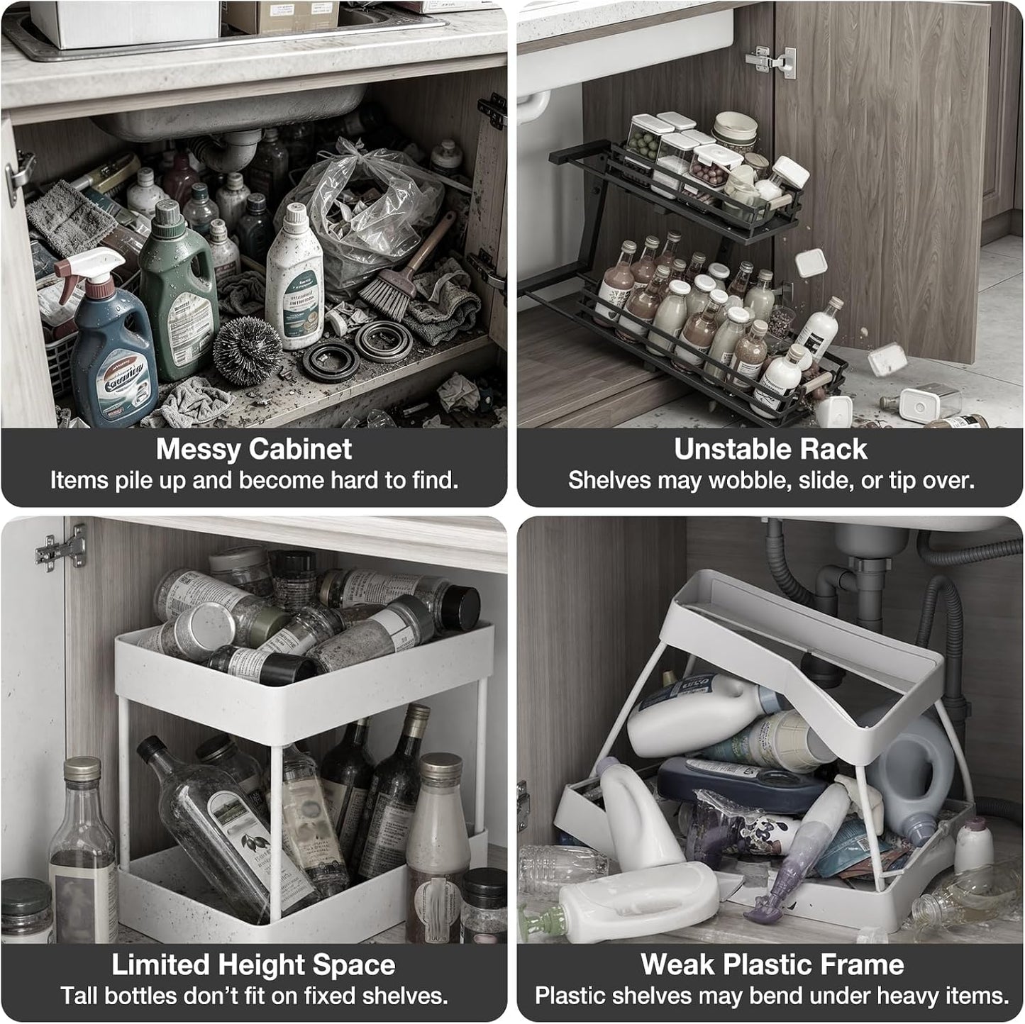 Fantasnight Kitchen Under Sink Storage Organiser - 1 Pack Metal Undersink Organisation for Cupboard - 3 Tier Pull Out Cabinet Drawers Black - Sliding Cleaning Shelf Organizer Solutions for Bathroom