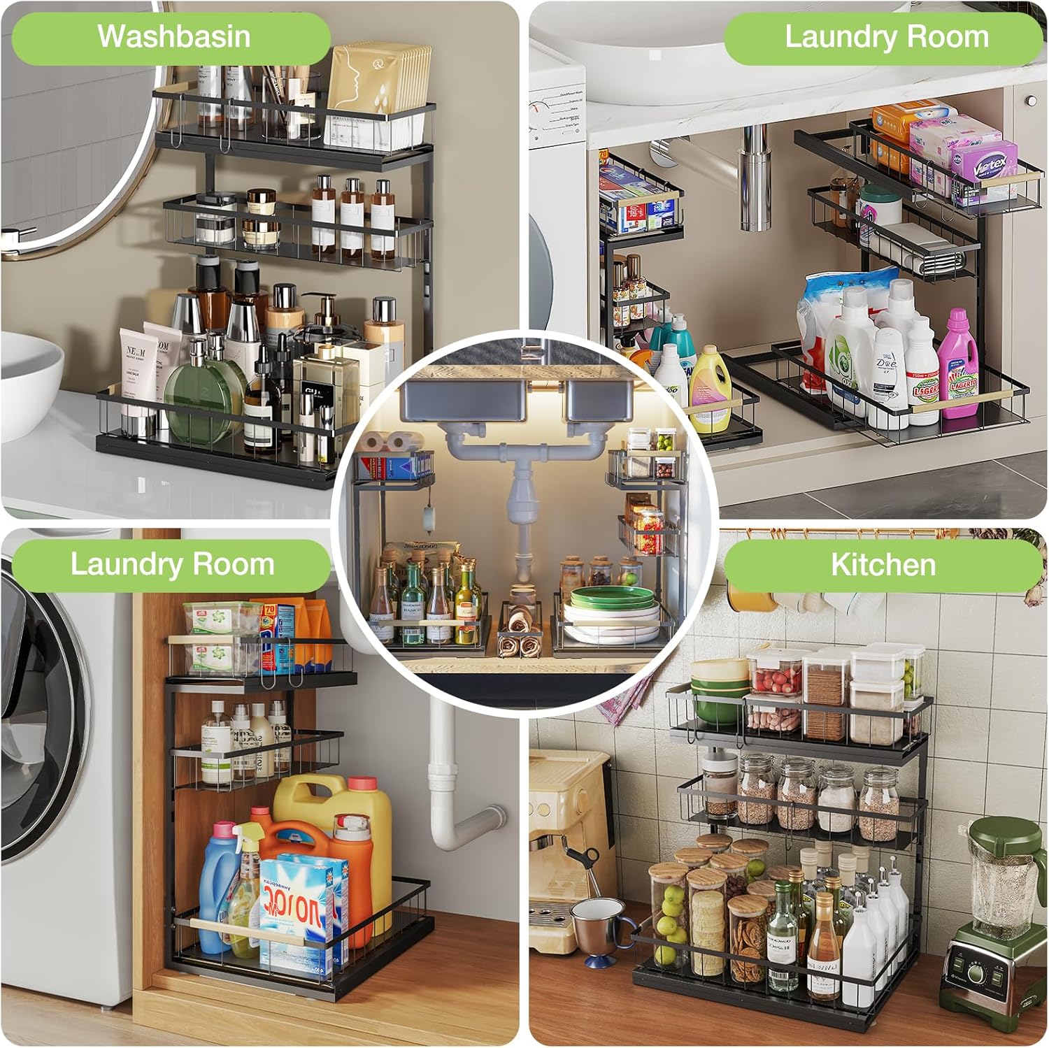 Fantasnight Kitchen Under Sink Storage Organiser - 1 Pack Metal Undersink Organisation for Cupboard - 3 Tier Pull Out Cabinet Drawers Black - Sliding Cleaning Shelf Organizer Solutions for Bathroom