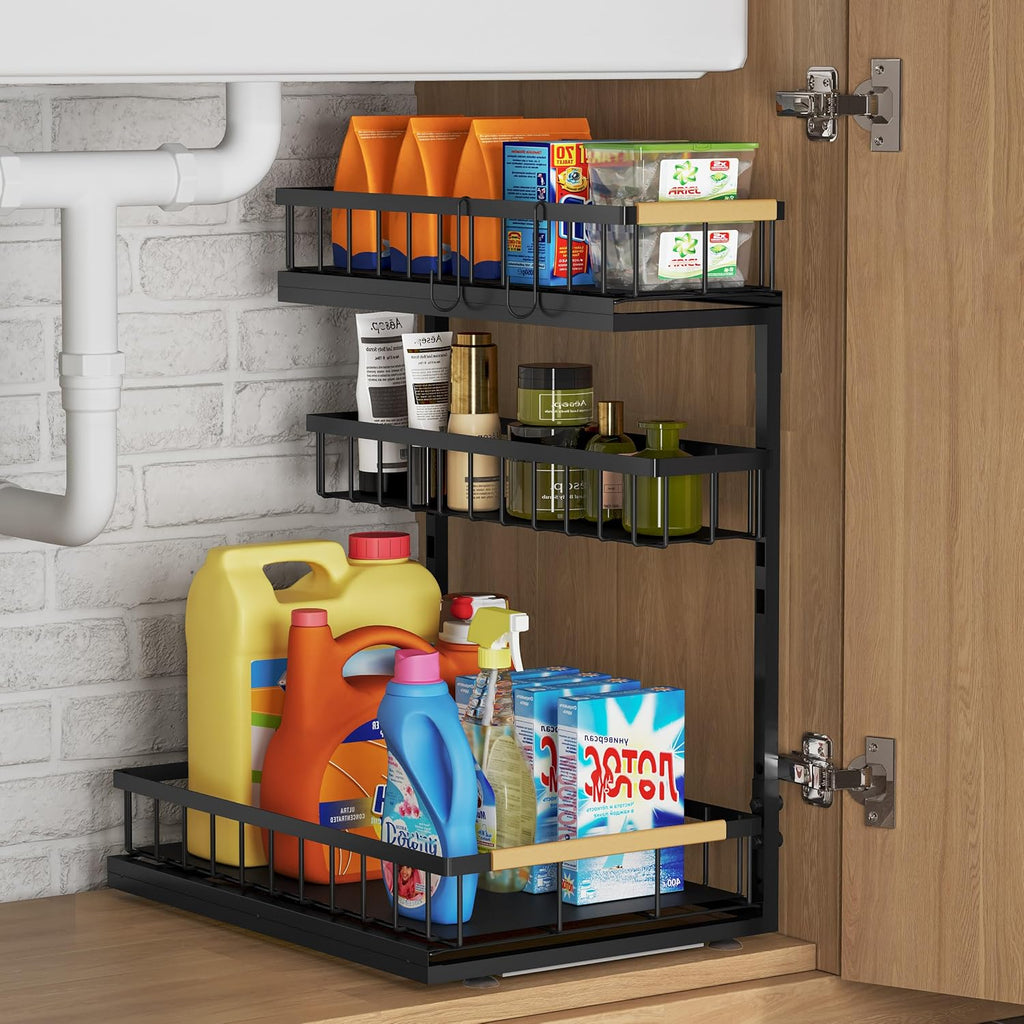 Fantasnight Kitchen Under Sink Storage Organiser - 1 Pack Metal Undersink Organisation for Cupboard - 3 Tier Pull Out Cabinet Drawers Black - Sliding Cleaning Shelf Organizer Solutions for Bathroom
